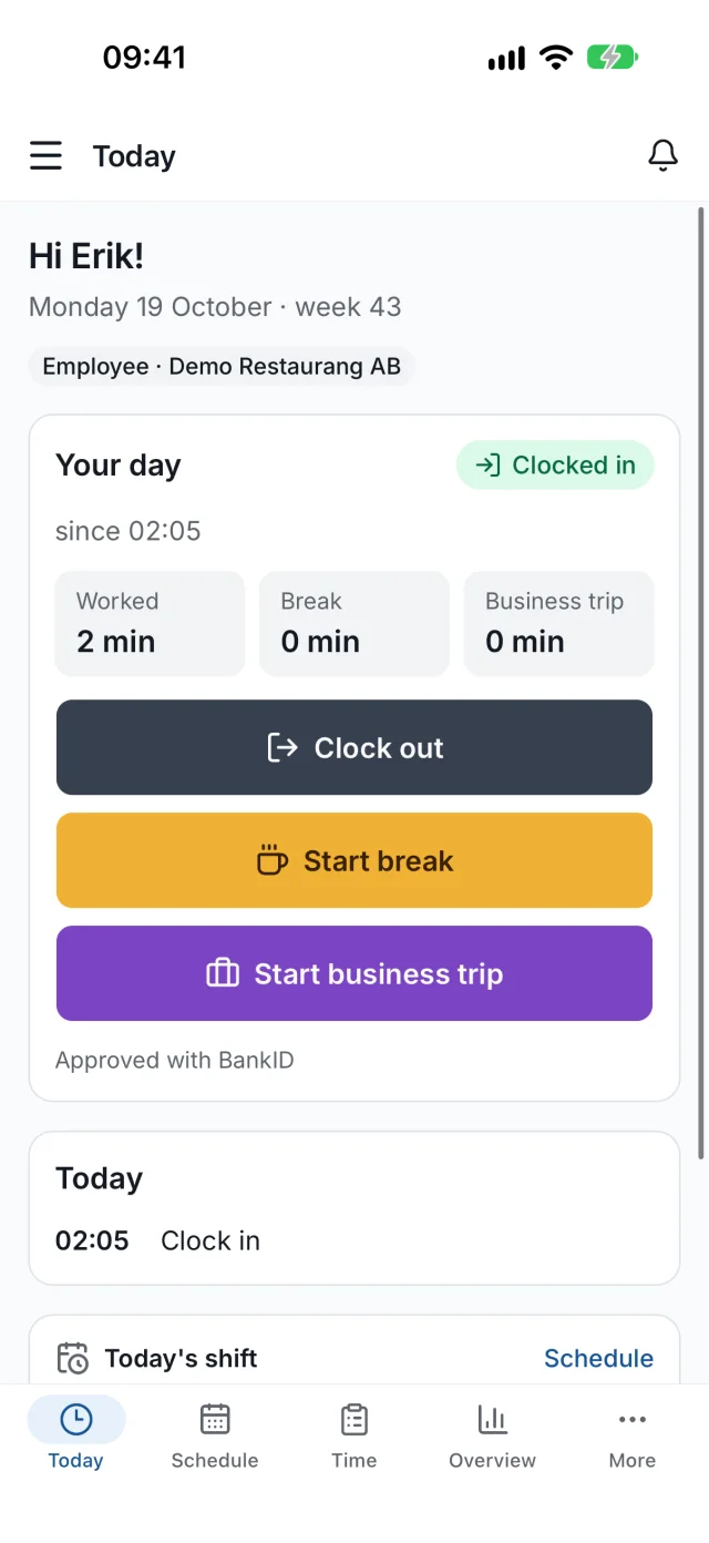 Screenshot of the LogFai app: Today, with Clock out, Start break and Start business trip