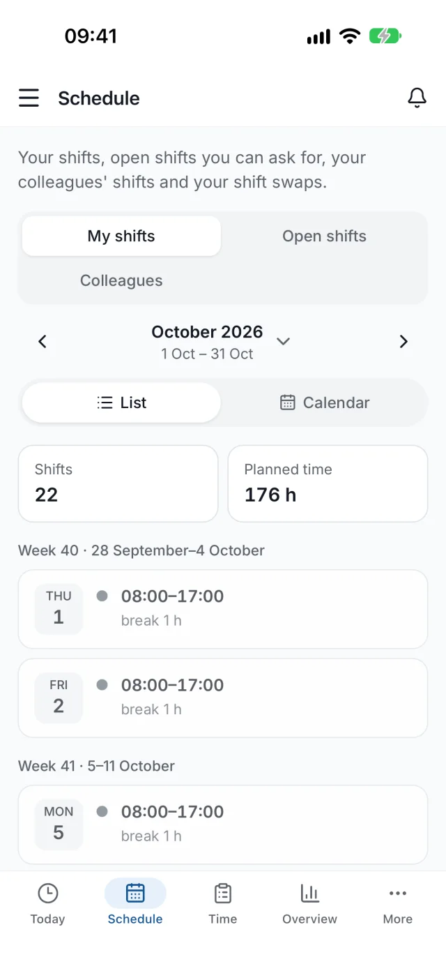 Screenshot of the LogFai app: Schedule, with the shifts week by week and the breaks